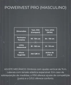Guia de medidas do colete masculino PowerVest Pro 4.5kg com tabela de tamanhos P/M e G/GG, instruções de como medir tórax e abdômen, e ajustes personalizáveis das alças e cordões laterais