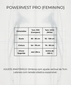 Guia de medidas do colete feminino PowerVest Pro 2.4kg com tabela de tamanhos P/M e G/GG, instruções de como medir busto e cintura, e ajustes personalizáveis das alças e cordões laterais